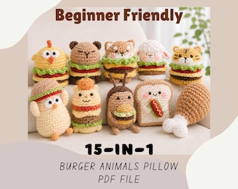Beginner Friendly 15-in-1 Burger Animal Pillow Crochet Patterns PDF Bundle | Amigurumi Collection| Kawaii Plush Toys| Premier Parfait Chunky