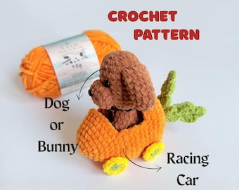Virkmönster för racerbil, kanin och hund, enkel amigurumi för kanin och valp, djurnyckelring eller fordonsplyschleksaker, morotsälskare, påsk-PDF