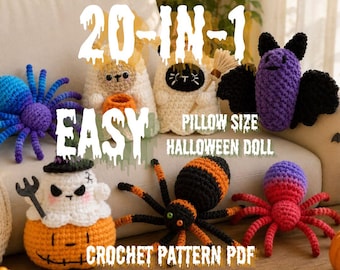 20in1 Easy Pillow Size Halloween Plush Doll Crochet Pattern PDF, Ghost, Spooky, Skeleton, Spider, Bat, Black Cat, Pumpkin, Amigurumi Bundle