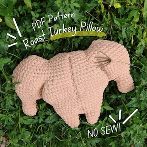 May include: A beige, plush, turkey-shaped pillow, with the text "PDF Pattern Roast Turkey Pillow" and "NO SEW!" in white. The pillow is set against a background of green foliage.