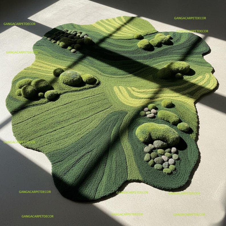 Hand-tufted Moss Green Wool Rug | Irregular Shape, High-low Pile Nature ...