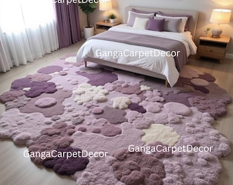 Alfombra de lana con musgo, hecha a mano / Alfombra texturizada 3D en tonos lavanda y malva