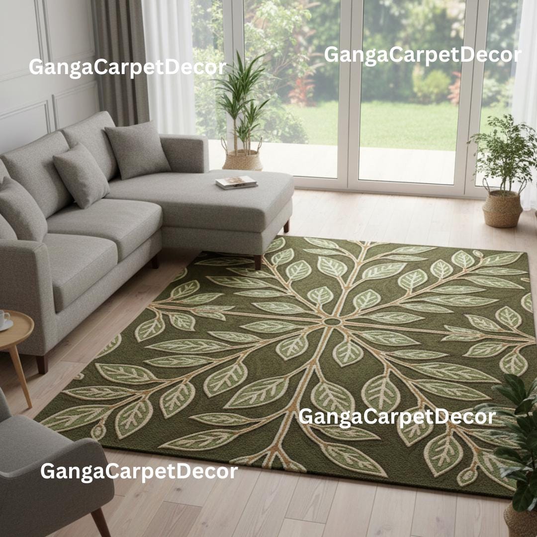 Hand Tufted Tree of Life Rug – Green Botanical Wool Area Rug, Nature ...