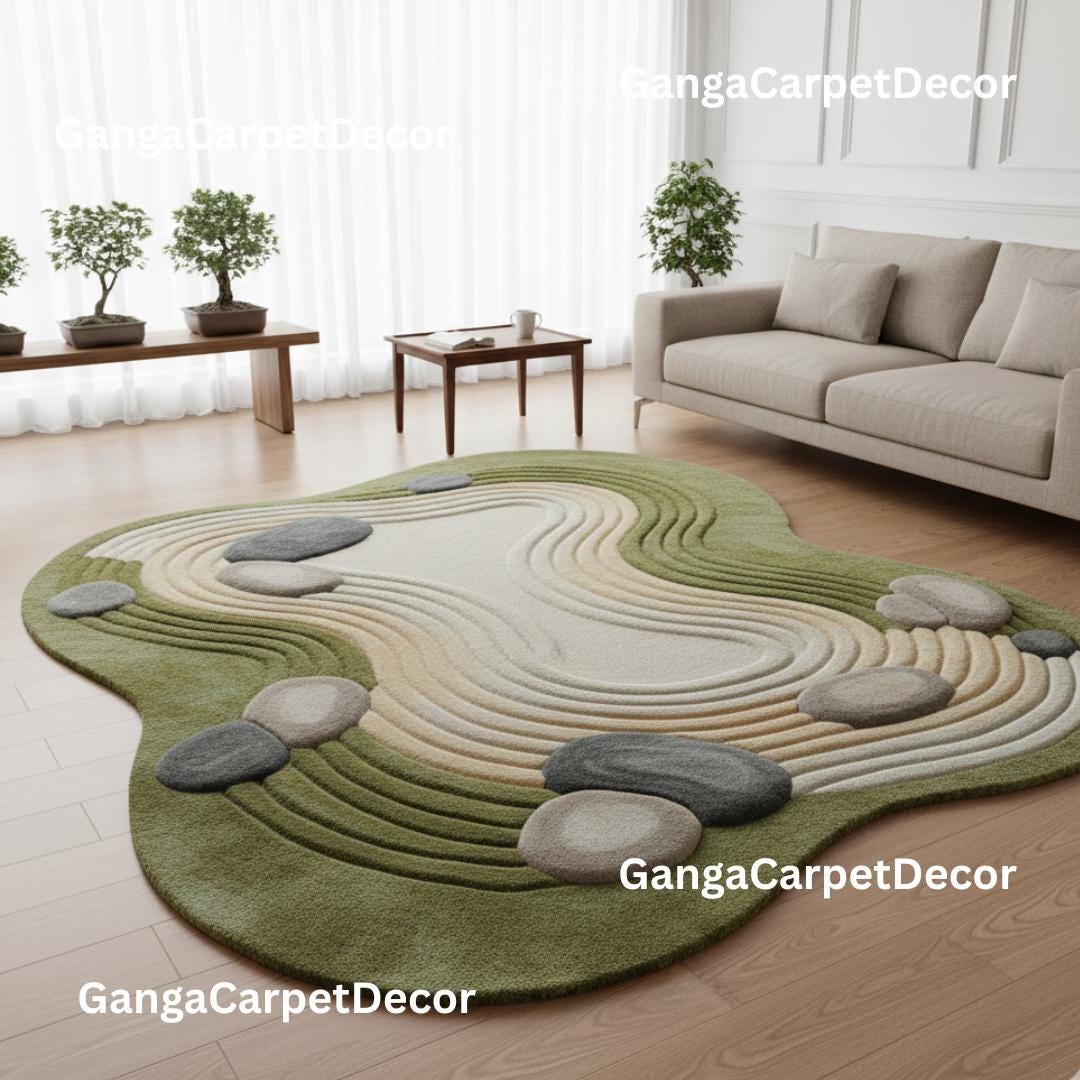 Zen Rug Patterns Hand Tufted Zen Garden Moss Rug, Organic Freeform Wool Area Rug With ...