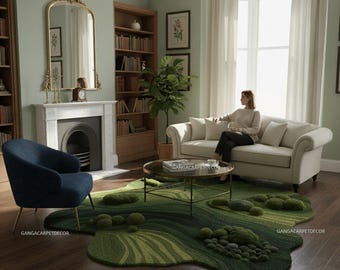 Hand-Tufted Moss Green Wool Rug | Irregular Shape, High-Low Pile Nature Inspire Modern Design Carpet |