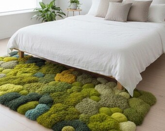 Alfombra de lana verde musgo tejida a mano: alfombra de pelo largo y bajo con diseño moderno inspirado en la naturaleza.