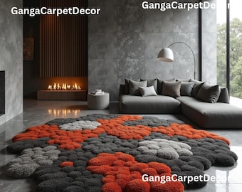 Alfombra de lana orgánica tejida a mano con guijarros: moderna alfombra abstracta 3D en tonos carbón y naranja quemado para sala de estar. Tamaño personalizado disponible.