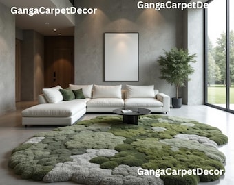 Alfombra de lana con musgo orgánico, tejida a mano: moderna alfombra abstracta 3D verde y gris para sala de estar. Tamaño personalizado disponible.