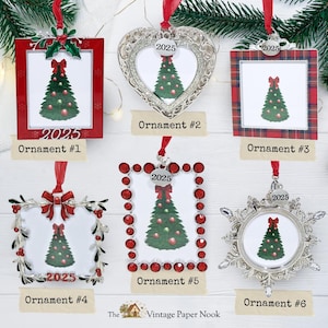 May include: A collection of six Christmas ornaments, each featuring a watercolor Christmas tree design. The ornaments vary in shape, including a heart, square, and snowflake, and are adorned with red ribbons and the year 2025.