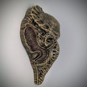 May include: A sculpted wall hanging with a biomorphic design. The piece features a textured surface with a mix of tan, brown, and black tones. The form has a complex, organic shape with intricate details, suggesting a creature or alien form.