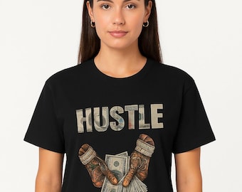 CELESTE T-shirt met 'Hustle'-print – Urban Streetwear T-shirt met geldprint – Handgemaakte uniseks streetstyle