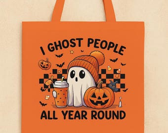 Bolsa de Halloween con temática de fantasmas de CELESTE. Divertida bolsa de otoño con temática de fantasmas. Bolsa de tela naranja reutilizable para pedir dulces.