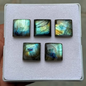 以下が含まれることがあります： 正方形にカットされた5つのラブラドライトの宝石。各石は、青、緑、金色の虹色のきらめきを伴う、ユニークな色の遊びを示しています。石は白い背景に配置されており、その自然な美しさを際立たせています。これらの宝石は、ジュエリー作りに最適です。