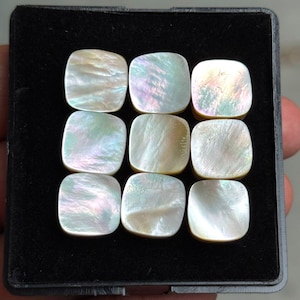 Może przedstawiać: Dziewięć iryzujących, kwadratowych kaboszonów z masy perłowej o zaokrąglonych rogach, prezentowanych w czarnej tacy. Kaboszony prezentują gamę kolorów, w tym biały, różowy i zielony. Każdy ma błyszczącą, perłową powierzchnię.