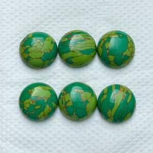 Può includere: Sei pietre preziose rotonde e lucide con un vivace motivo verde e marrone dorato. Le pietre hanno una superficie liscia e bombata e sono disposte in due file da tre su uno sfondo bianco. Le pietre preziose sono probabilmente per la creazione di gioielli.