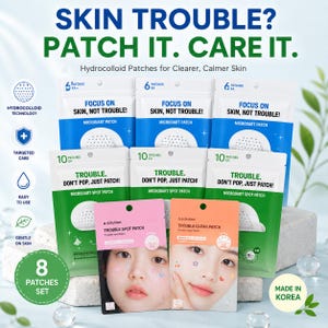 May include: A collection of skincare product pouches featuring blue and green packaging labeled Focus On Skin, Not Trouble and Trouble. Don't Pop, Just Patch. Two front pouches show faces with small decorative patches in pink and orange colors.