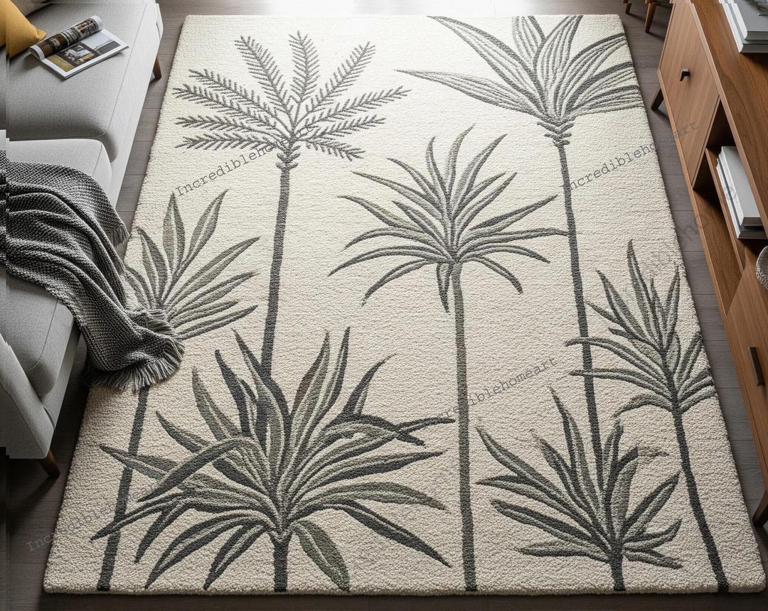 Hand Tufted Palm Tree Rug, Cream & Gray, Modern Botanical Carpet for ...