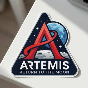 May include: A triangular sticker featuring the Artemis logo. The design includes a red 'A' with a curved red line, a blue planet, and a gray moon surface. The text reads 'ARTEMIS' and 'RETURN TO THE MOON' in white.