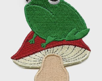 Frog on Mushroom Embroidered Iron On Patch