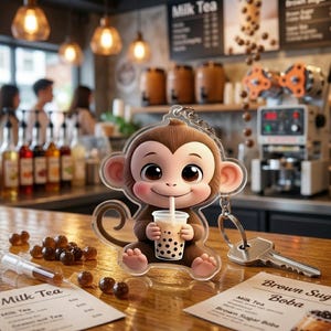 May include: A clear acrylic keychain featuring a cartoon monkey holding a boba tea. The monkey is brown with large eyes and is sitting on a wooden surface. A set of keys and a menu are also visible.