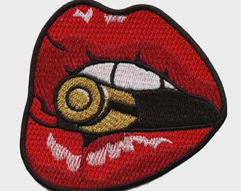 Red Lips Biting A Bullet Embroidered Iron-on Patch