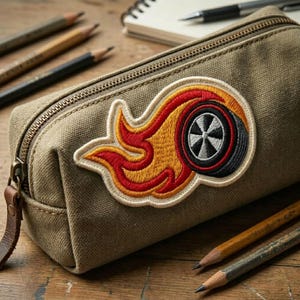 May include: A canvas pencil case in olive green with a zipper closure and a brown leather pull. The case features an embroidered patch of a flaming tire in red, yellow, and black. Pencils and a notepad are in the background.