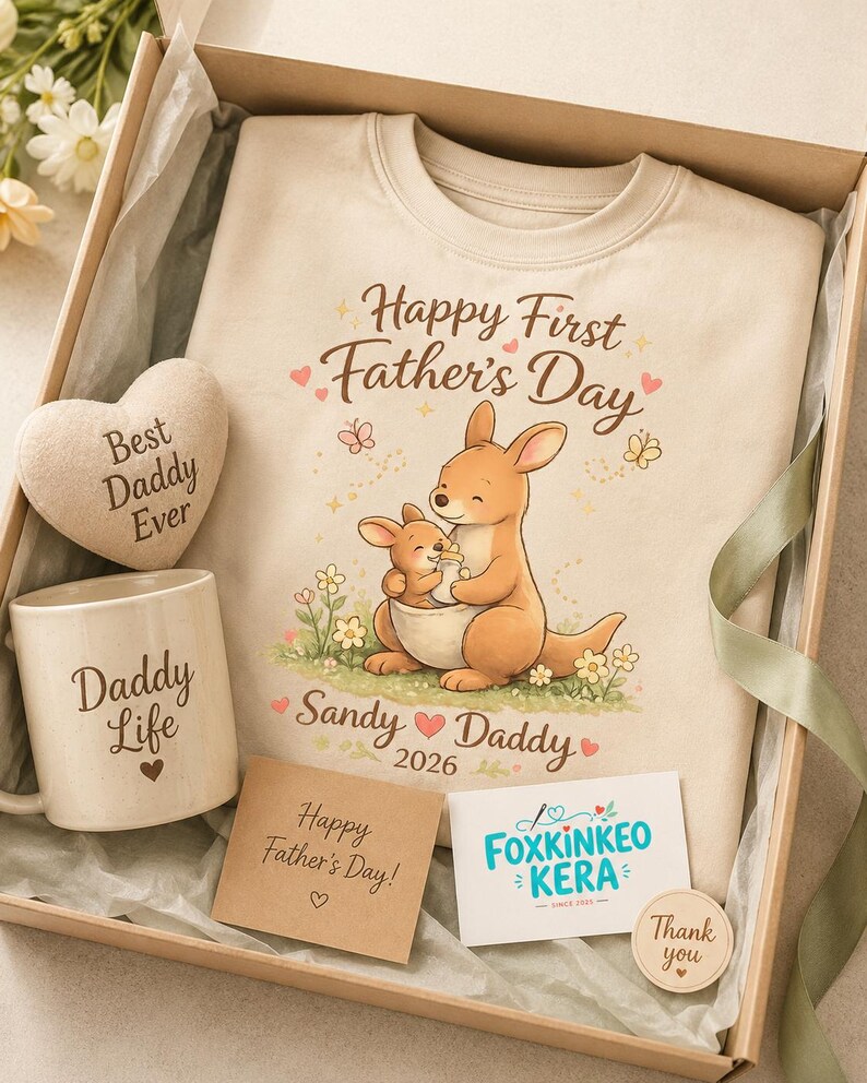 First Father's Day Kangaroo Shirt, Personalized New Dad T-Shirt, Custom Daddy 2026 image 8