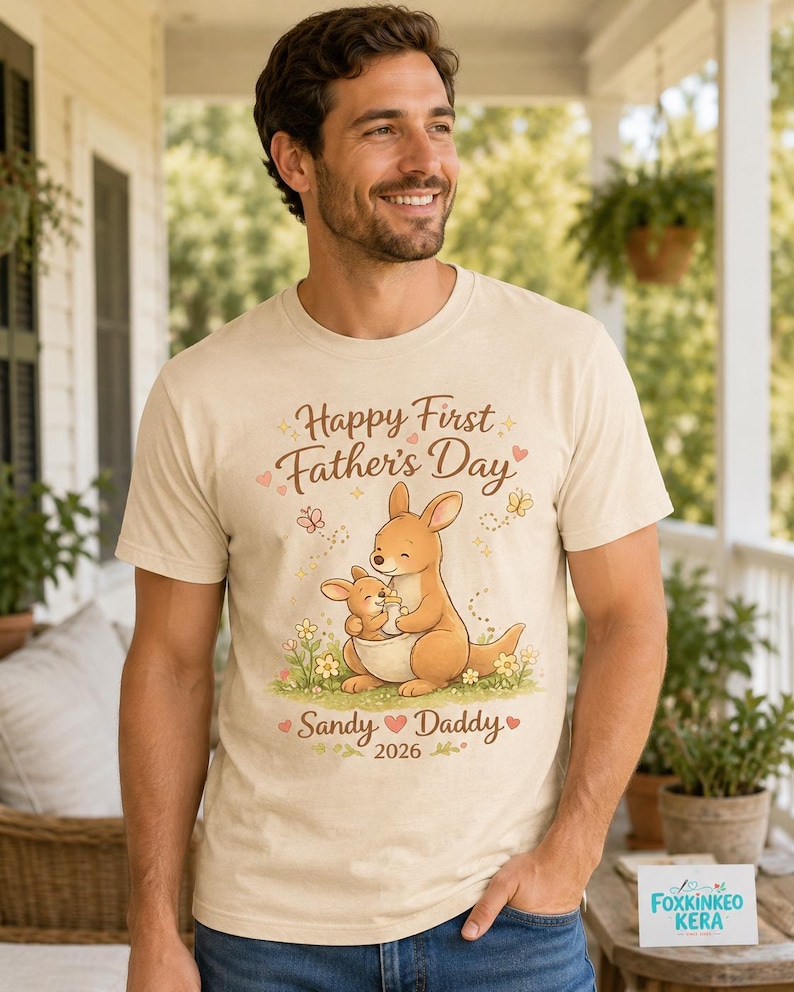 First Father's Day Kangaroo Shirt, Personalized New Dad T-Shirt, Custom Daddy 2026 image 3