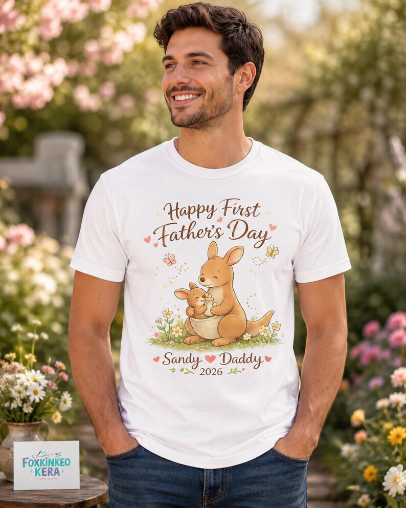 First Father's Day Kangaroo Shirt, Personalized New Dad T-Shirt, Custom Daddy 2026 image 7