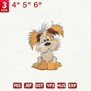 Puede incluir: Diseño bordado de un perro de dibujos animados con pelaje marrón y canela, sentado con expresión de sorpresa. El diseño está disponible en tamaños de 7,6 a 15,2 cm. La imagen también muestra los formatos de archivo: PES, JEF, DST, VP3, HUS y EXP.