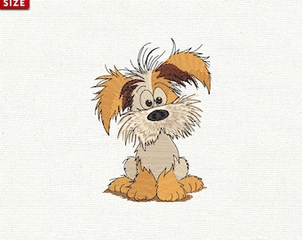 May include: An embroidered design of a cartoon dog with brown and tan fur, sitting with a surprised expression. The design is available in sizes from 3 to 6 inches. The image also displays the file formats: PES, JEF, DST, VP3, HUS, and EXP.