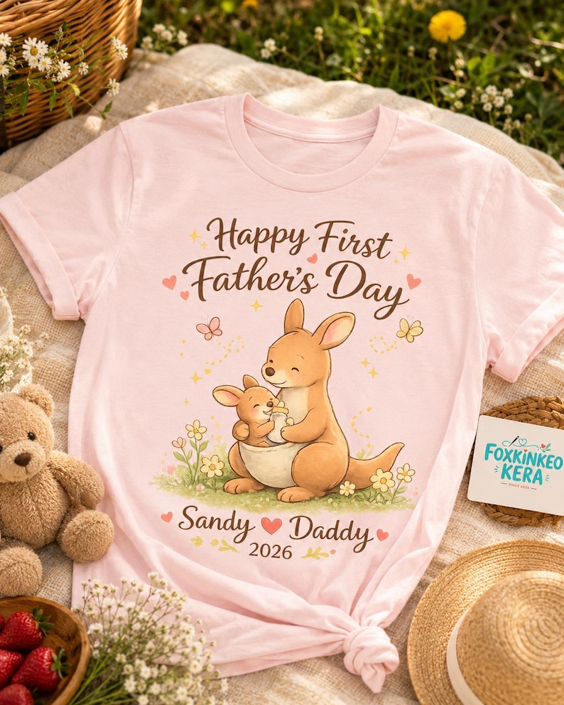 First Father's Day Kangaroo Shirt, Personalized New Dad T-Shirt, Custom Daddy 2026 image 1