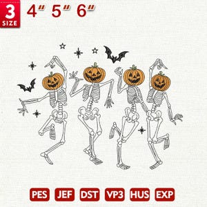 Dancing Skeletons Embroidery Design, Halloween Pumpkin Face Skeleton Embroidery Design, 5 sizes