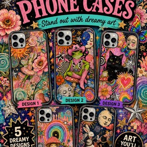 May include: Five phone cases featuring colourful, detailed illustrations. Design 1 shows a fairy, Design 2 a frog in a cowboy hat, Design 3 a black cat, Design 4 a mushroom with a rainbow, and Design 5 a rabbit playing a banjo. Text reads Whimsical Phone Cases.