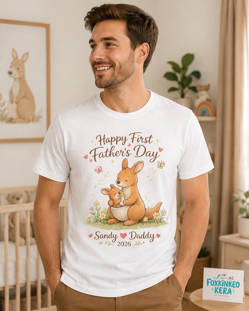 First Father's Day Kangaroo Shirt, Personalized New Dad T-Shirt, Custom Daddy 2026 image 5