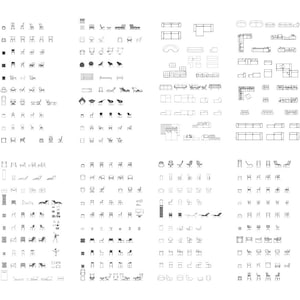 May include: A collection of architectural furniture plan drawings in black and white. The image features various seating arrangements, including chairs, sofas, and lounge chairs, along with other furniture layouts. The drawings are presented in a top-down view.
