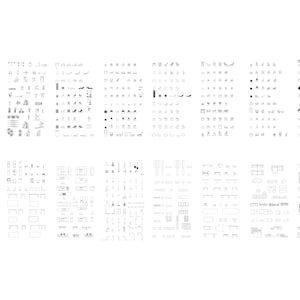 Puede incluir: Una colección de símbolos de planos arquitectónicos y de diseño de interiores, que incluye muebles, plantas y varios accesorios. Los dibujos lineales en blanco y negro están dispuestos en filas y columnas, proporcionando un conjunto completo de elementos de diseño.