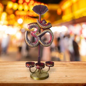 Hand-Painted Om Diya Stand | Traditional Indian Oil Lamp Holder | Festive Pooja Decor | Diwali Home Accent | Spiritual Gift