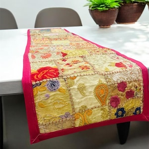 Vibrant Hand-Embroidered Patchwork Table Runner - Bohemian Textile Art for Dining