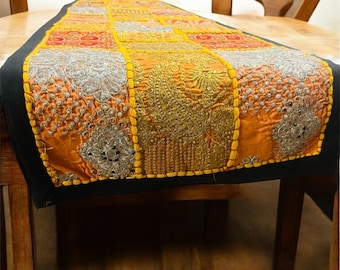 Luxurious Gold & Silver Embroidered Patchwork Table Runner - Regal Indian Decor