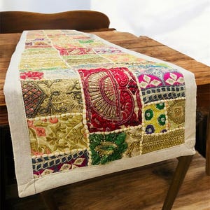 Exquisite Indian Patchwork Table Runner - Embroidered & Beaded Dining Accent