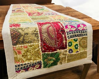 Exquisite Indian Patchwork Table Runner - Embroidered & Beaded Dining Accent