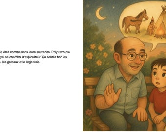 May include: An illustrated scene depicts a man with glasses, a boy, and a girl sitting on a bench. The man is speaking, and a thought bubble shows a Native American scene with a teepee, horse, and fire. The girl holds a doll.