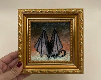 Halloween-Fledermaus-Ölgemälde, gotisches Wandbild mit schwarzer Katze, gruseliges Mini-Kunstwerk im Rahmen, Dark-Academia-Dekoration, hexenhaftes Halloween-Geschenk