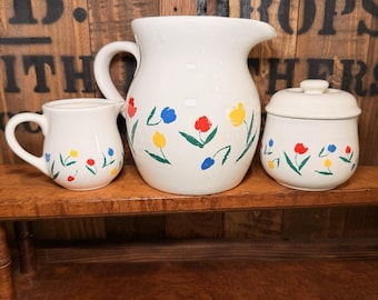 Vintage 1985 Tulip Tyme Collection MCM Pitcher, Sugar With Lid And Creamer