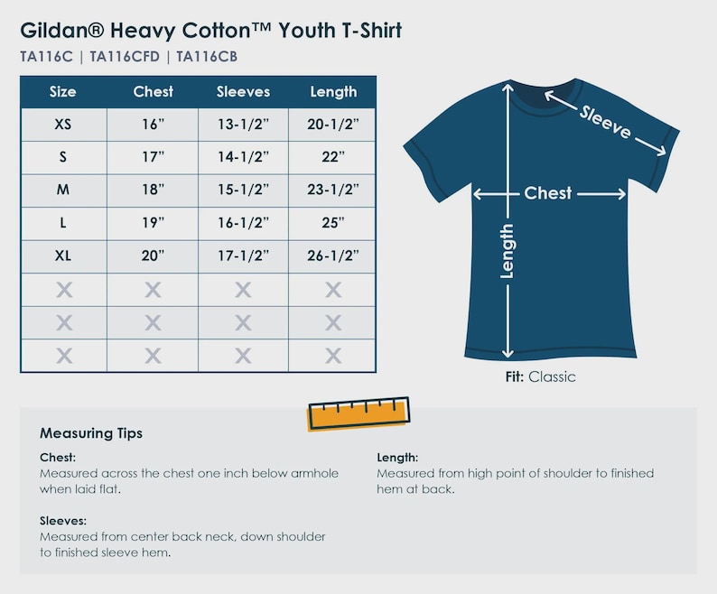 May include: A navy blue Gildan Heavy Cotton youth t-shirt with a size chart. The chart shows chest, sleeve, and length measurements in inches for sizes XS to XL. The shirt's fit is classic.