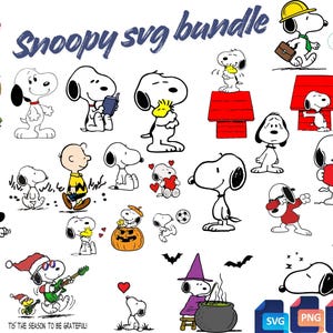 Puede incluir: Colección de 26 diseños SVG de Snoopy en blanco y negro, con Snoopy en varias poses. Incluye a Snoopy con una calabaza, leyendo y con gafas de sol. El texto incluye "Snoopy SVG bundle" y "Tis the season to be grateful!"