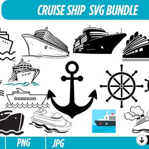 Puede incluir: Una colección de 14 gráficos SVG de cruceros en blanco y negro, que incluyen varios diseños de barcos, un ancla, un timón y el texto "Let's Cruise". La imagen también incluye el texto "CRUISE SHIP SVG BUNDLE", "SVG", "PNG" y "JPG".