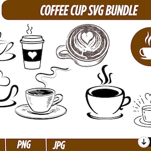 May include: A black and white SVG bundle featuring various coffee cup designs. The designs include cups with steam, a heart-shaped design, and a to-go cup with a heart. The text "COFFEE CUP SVG BUNDLE" is at the top.