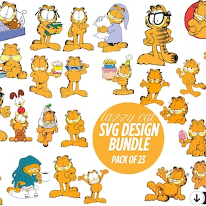 Puede incluir: Una colección de 23 diseños SVG de Garfield en varias poses y situaciones. El gato naranja se representa con gafas, sosteniendo comida, usando un gorro de dormir y más. Un gráfico circular dice "Lazy Cat SVG Design Bundle Pack of 23."